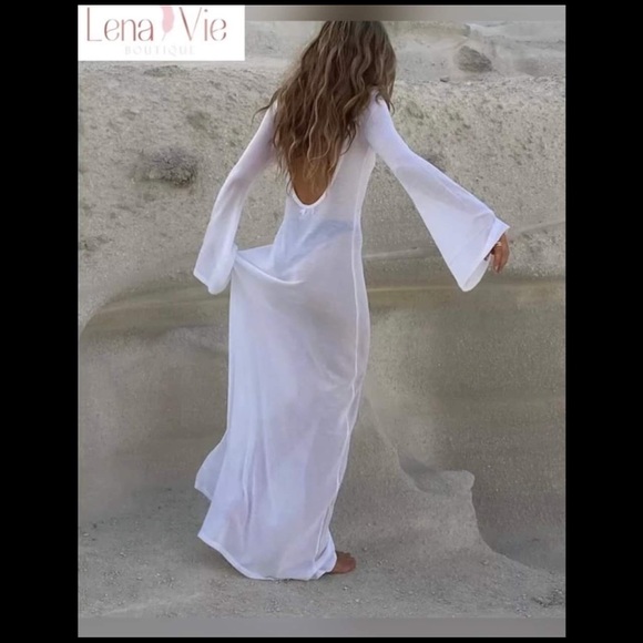 Luxury Palm Desert Semi Sheer Long Maxi Dress, Summer Bikini Bell Sleeve Coverup - Picture 6 of 7